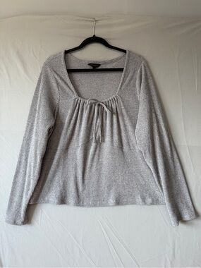 NOBO Womens Babydoll Ribbed Long Sleeve Top 4X Grey Tie Front Casual Stretchy